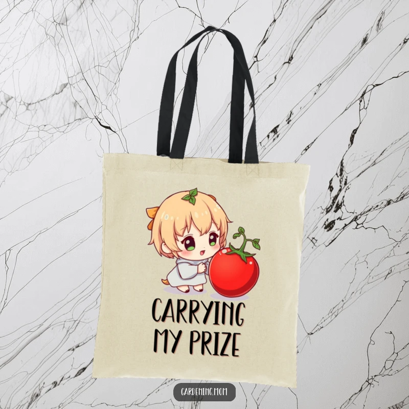 Funny tote bag featuring a character gleefully holding a plump tomato, implying a successful and humorous shopping trip.