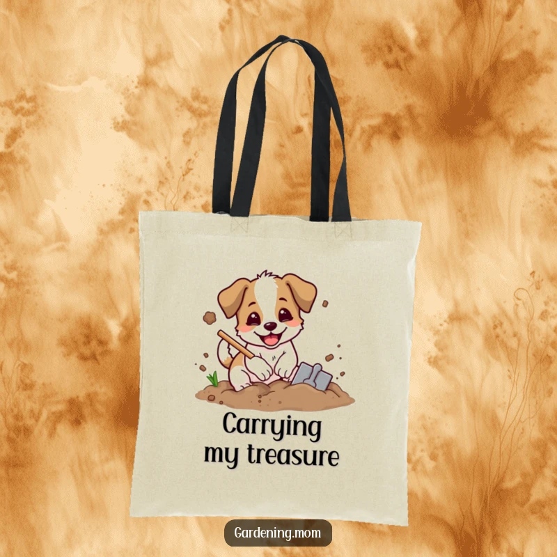 Funny digging dog tote bag featuring an excited dog with a shovel, joyfully digging in the dirt, great for garden supplies.