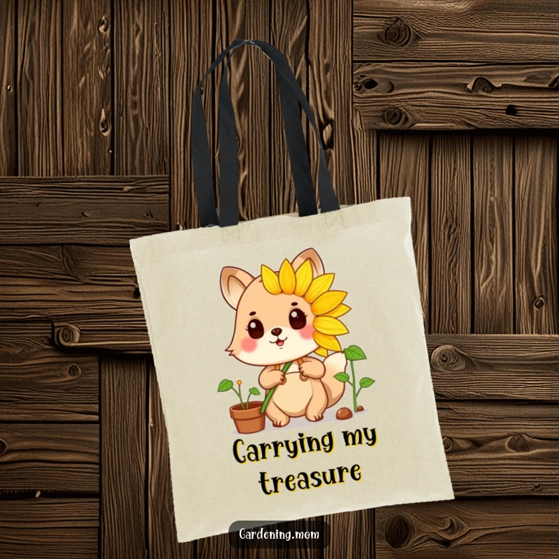 Funny gardening animal proudly displaying a vibrant sunflower, ready to carry your essentials with garden cheer.