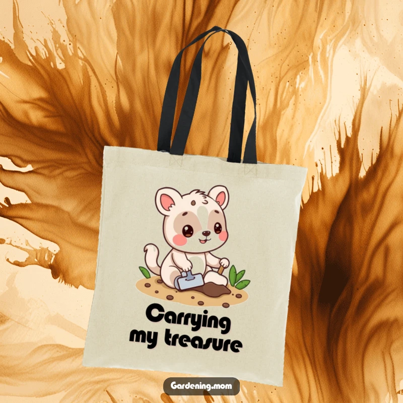 Funny tote bag with a playful animal character digging in soil, perfect for carrying garden supplies with a humorous touch.