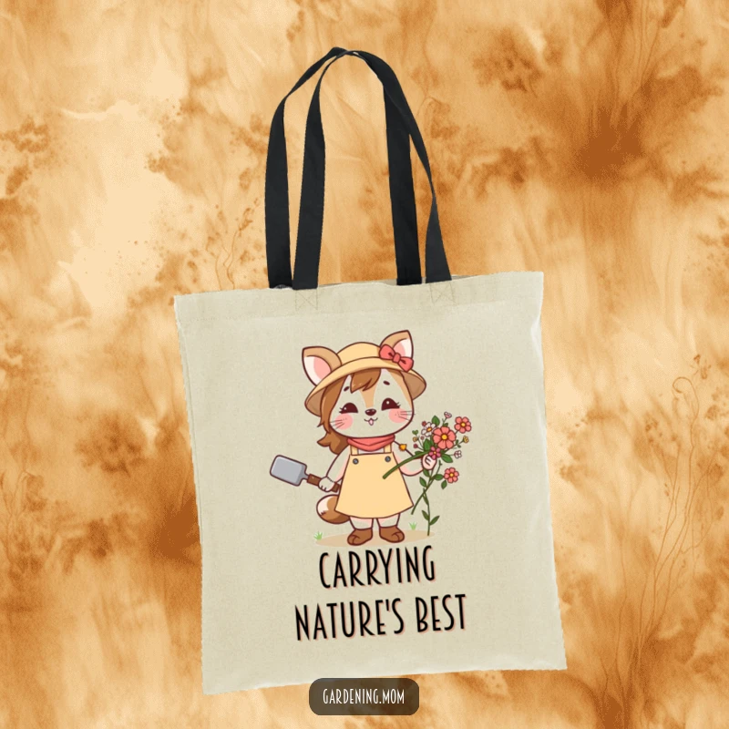 Funny tote bag illustrating a delightful gardening mom animal holding a trowel and a bundle of colorful flowers, perfect for market trips.