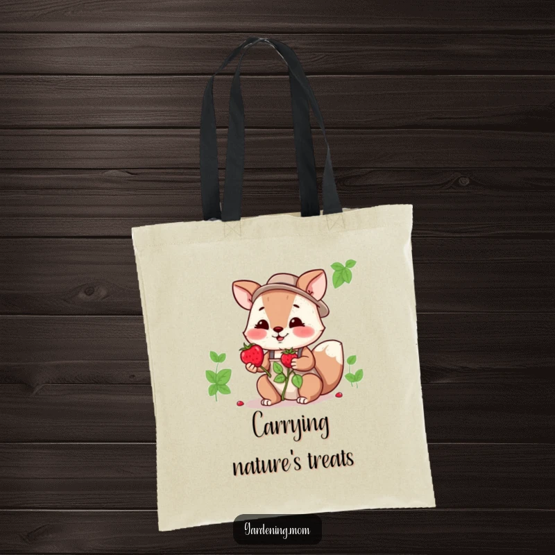 Funny gardening mom animal tote bag print: an animal mom offering a freshly picked berry, a symbol of kindness.
