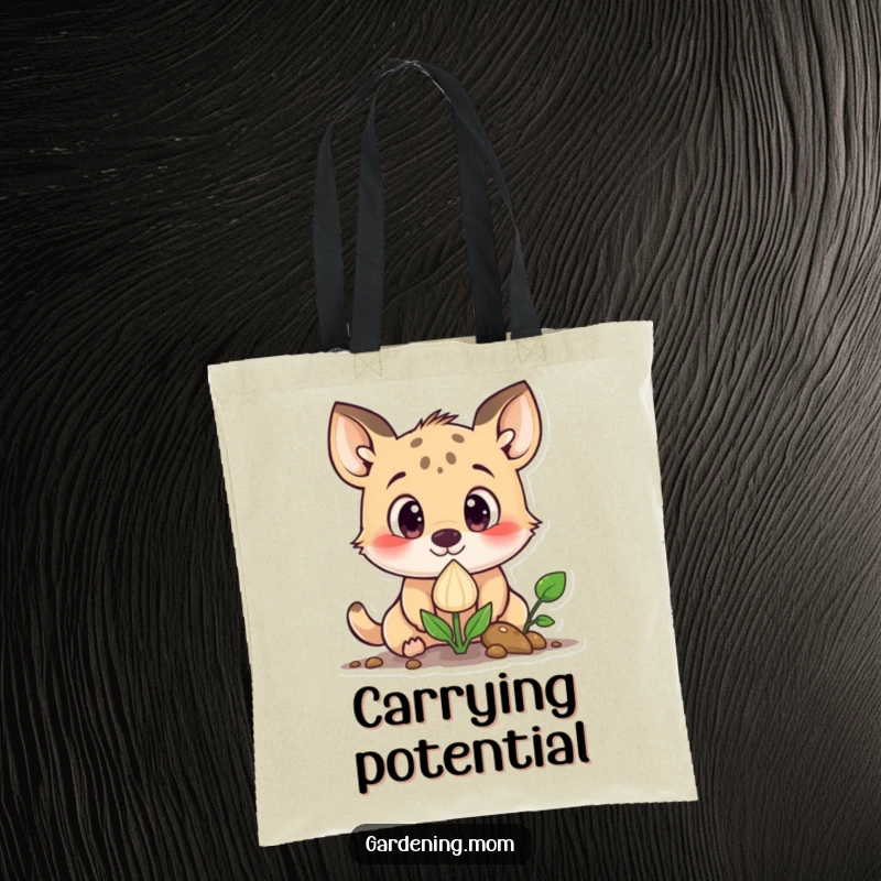 Funny curious animal character with wide eyes looking at a sprouting seed, on a durable and funny tote bag.
