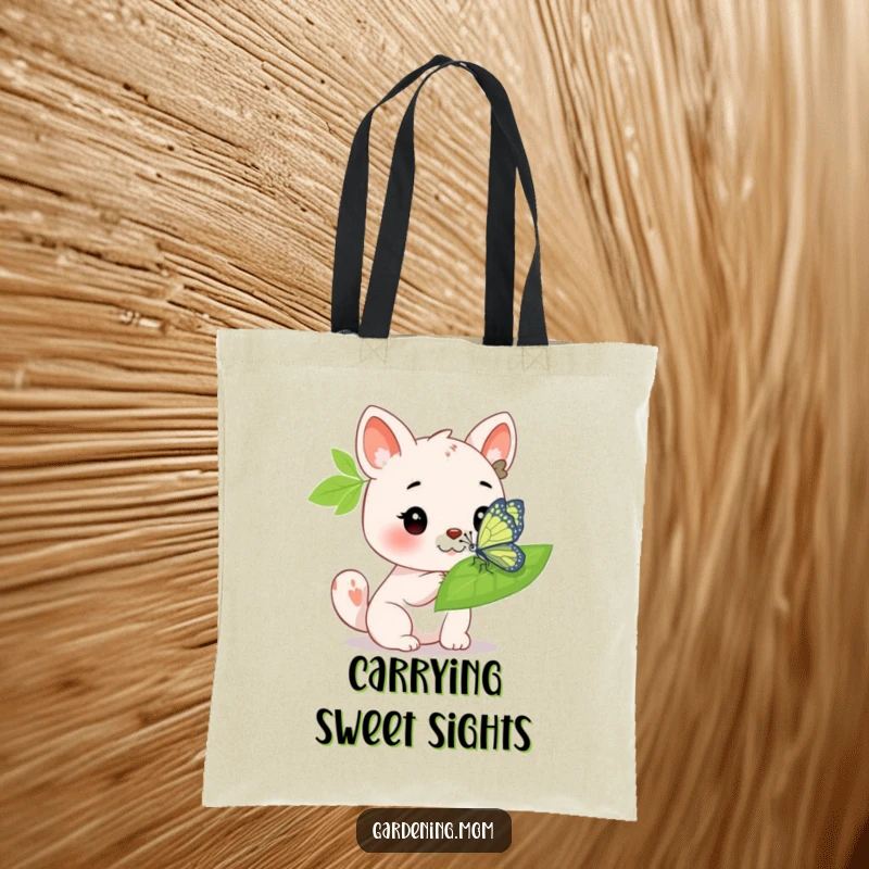 Funny Tote Bag: An animal character admiring a bright butterfly on a leaf, perfect for carrying your nature-inspired items.