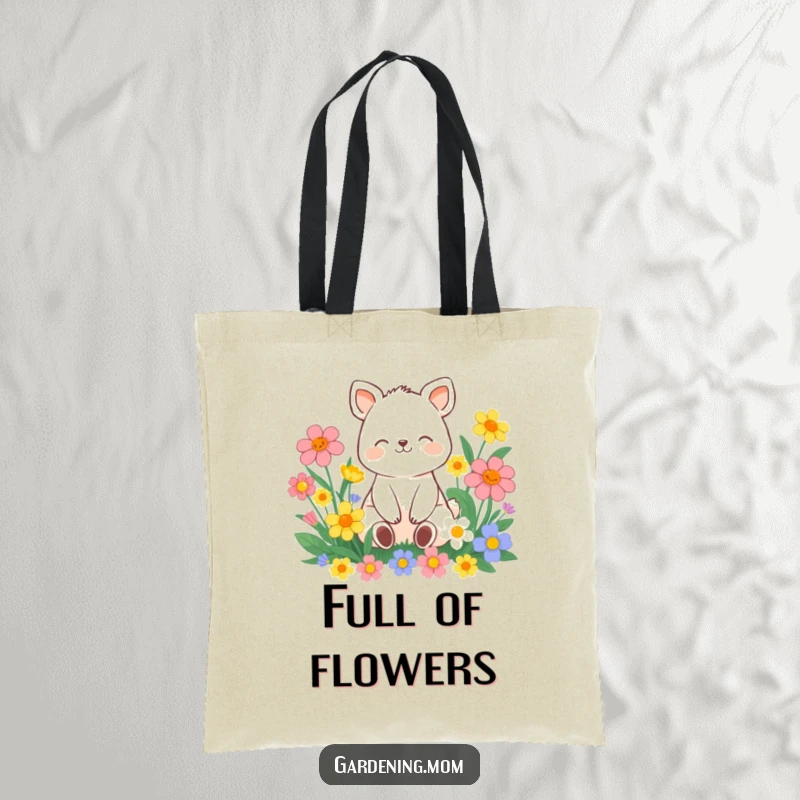 Funny contented animal character sitting amongst vibrant flowers with a peaceful smile, on a durable and funny tote bag.