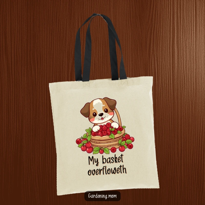 Funny tote bag with a dog happily harvesting a basket of plump red berries, perfect for market runs and more.