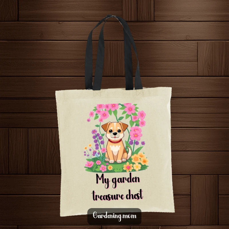 Funny tote bag featuring a relaxed dog sitting contentedly in a vibrant garden, surrounded by abundant greenery.