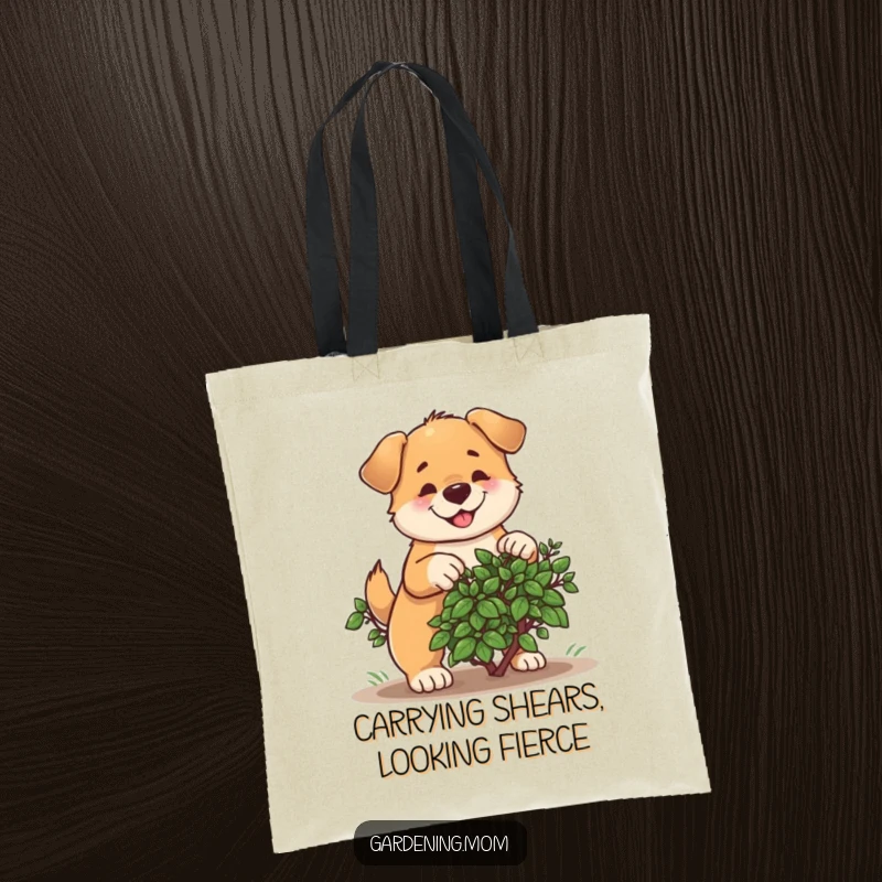 Funny tote bag showcasing a determined dog cheerfully pruning a bush, a delightful companion for shopping.