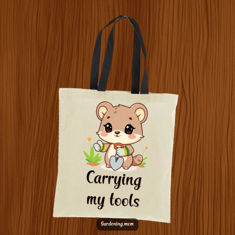 Funny Tote Bag: An animal character wearing gardening gloves and holding a shovel, designed for garden errands.