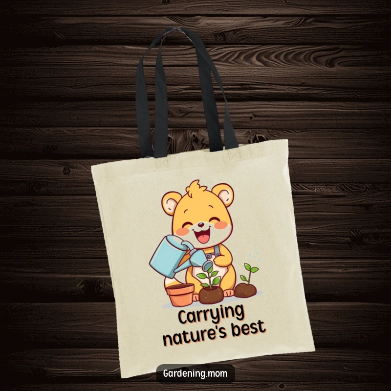 Funny gardening animal tote bag: a delighted critter joyfully waters a tiny green sprout with a watering can, perfect for carrying necessities with humor.