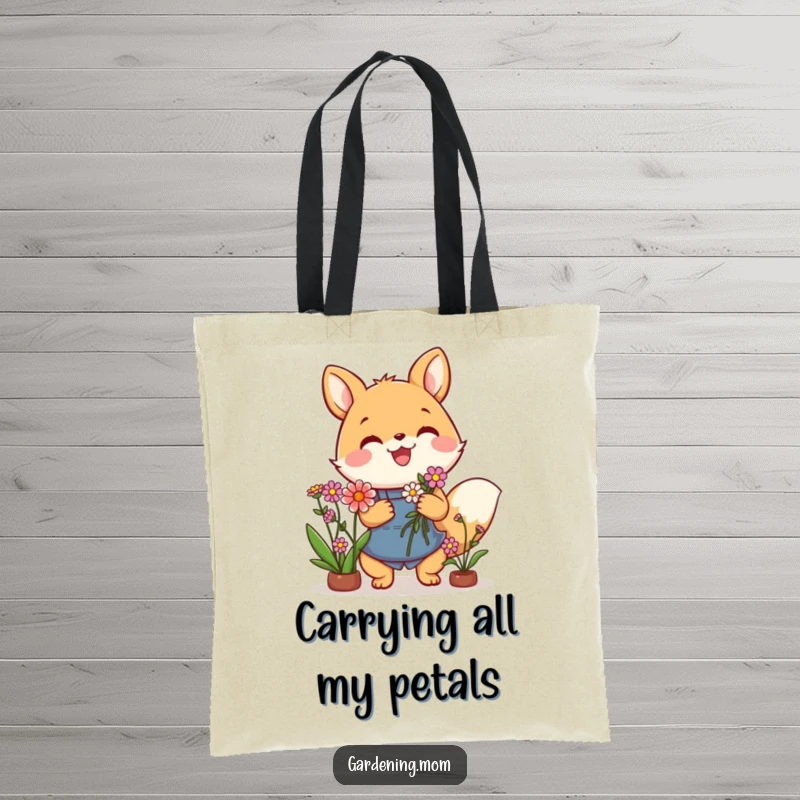 Funny tote bag depicting a joyful gardening animal character proudly holding a vibrant bouquet of flowers.