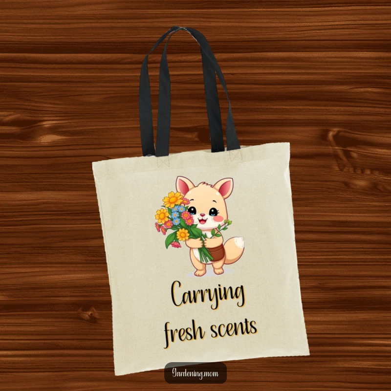 Funny gardening animal tote bag: a happy critter proudly holds a vibrant bouquet of colorful flowers, carrying beauty and pride with style.