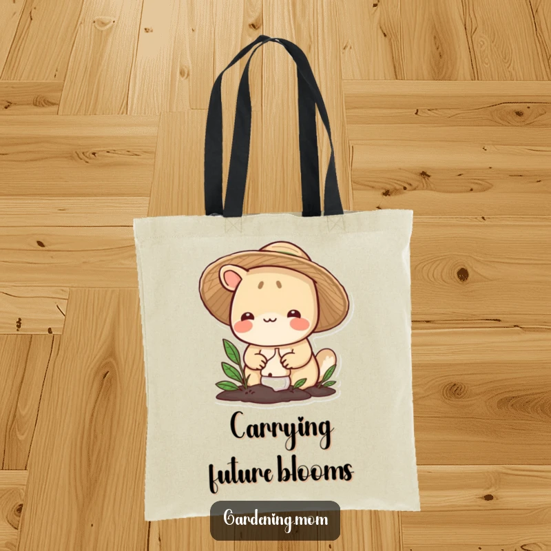 Funny gardening animal tote bag: a smiling critter in a straw hat carefully plants a bulb, perfect for carrying essentials with gardening flair.
