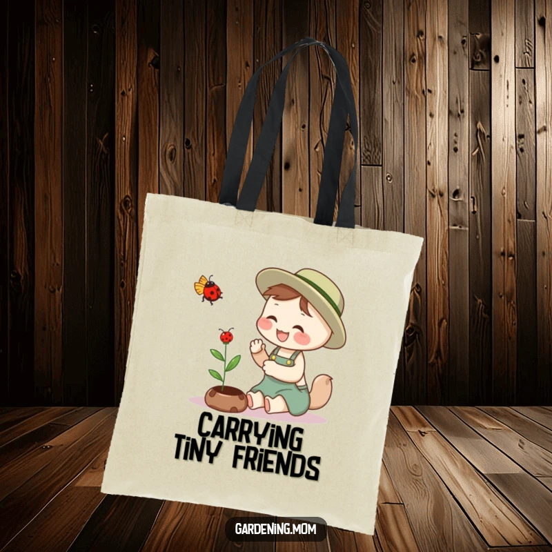 Funny gardening mom animal tote bag print: an animal mom giggling while petting a ladybug that is hovering near her.