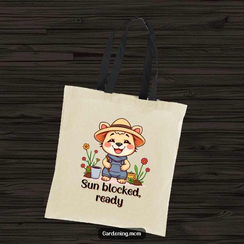 Funny tote bag illustrating a delightful gardening mom animal wearing a straw hat and smiling widely, perfect for sunny days.