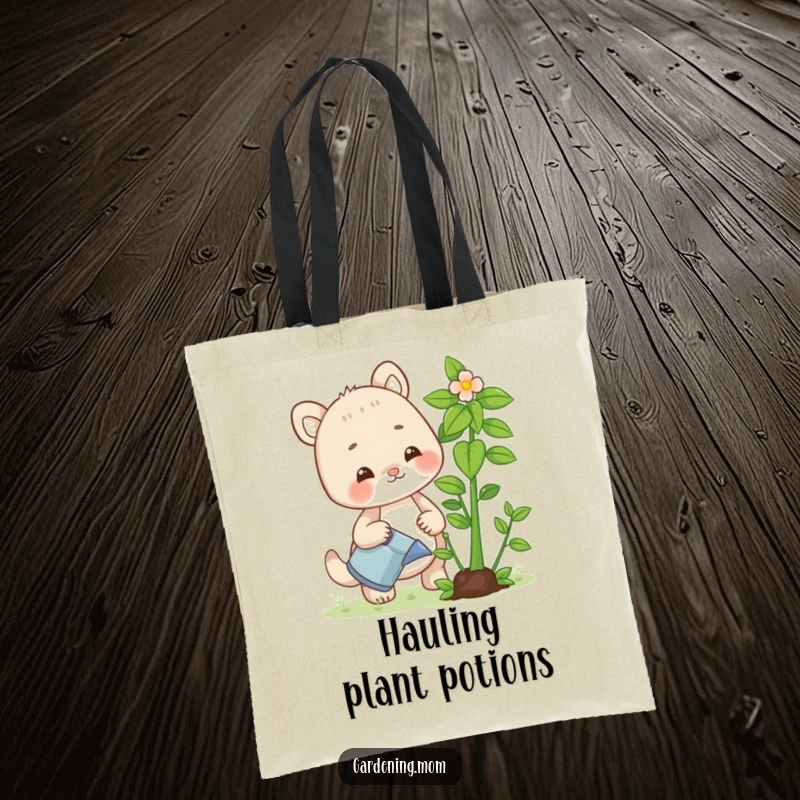 Funny tote bag illustrating a delightful gardening mom animal watering a lush plant, ideal for market trips and carrying gardening tools.
