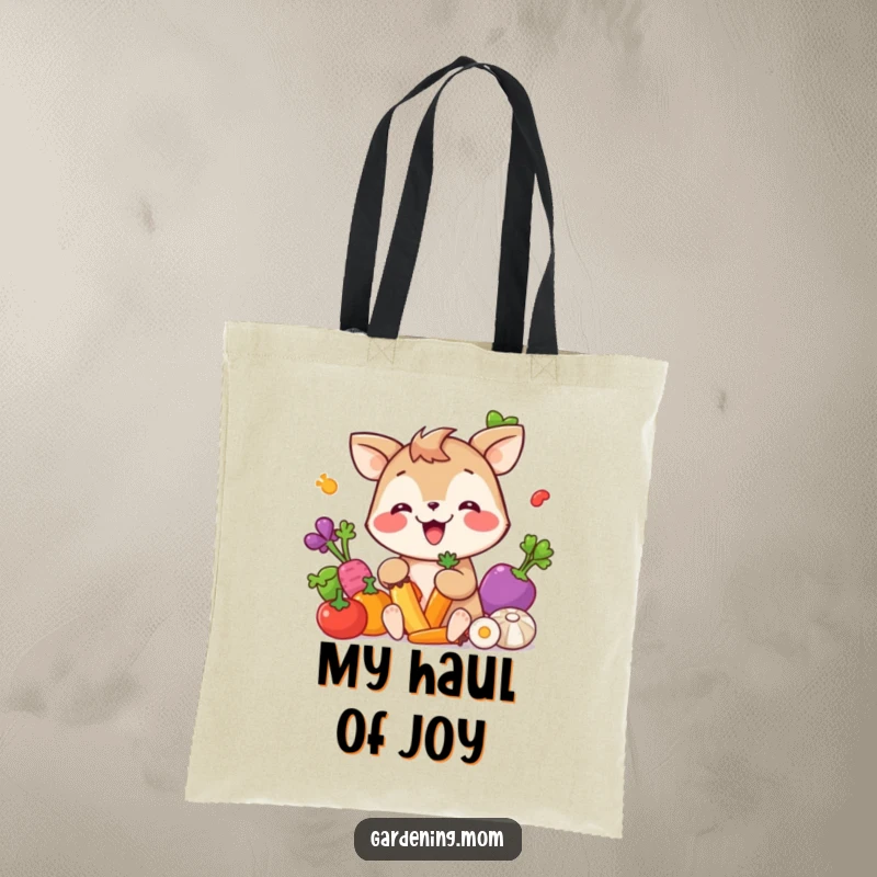 Funny Tote Bag: A giggling animal character gleefully picking colorful vegetables, perfect for carrying garden treasures.
