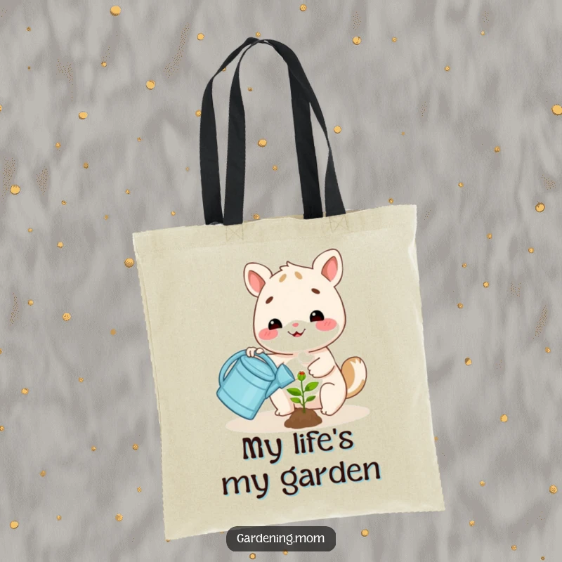 Funny happy animal character watering a small plant with a watering can, on a durable and funny tote bag.