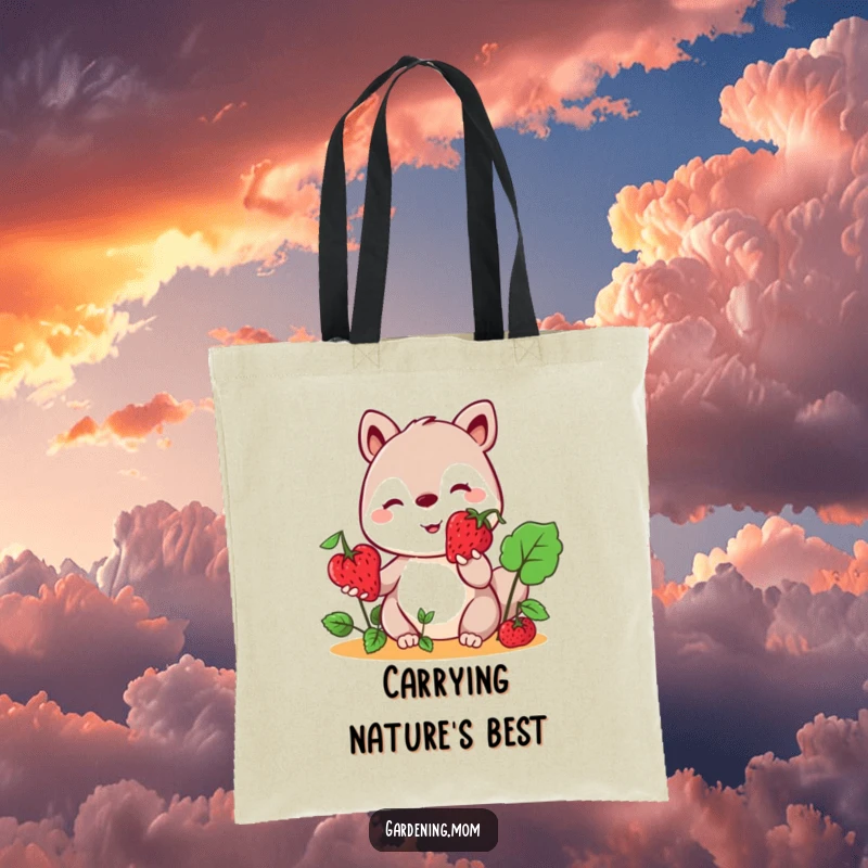 Funny Kawaii Gardening Animal Tote Bag Holding a Berry, Sweet and Charming, Ideal Eco-Friendly Accessory.