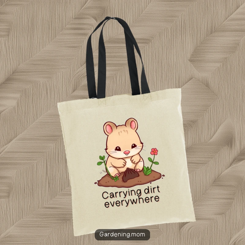 Funny Kawaii Gardening Animal Tote Bag Happily Digging in Earth, Cute and Amusing Accessory.