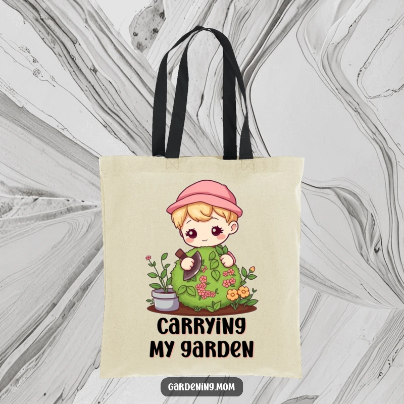 Funny Kawaii Gardener Tote Bag: Adorable character gently pruning a bush with focus, perfect for a funny gift.