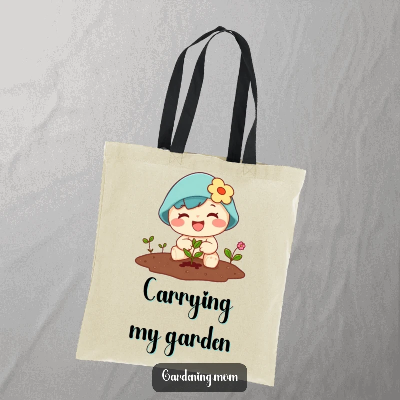 Funny Kawaii gardener tote bag with a character joyfully planting a tiny seed, ready for harvest.