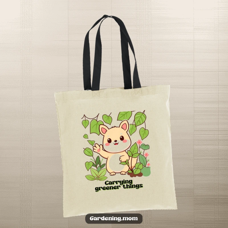 Funny Kawaii Gardening Animal Tote Bag Waving Hello Amidst Leafy Greens, Cute and Friendly Accessory.