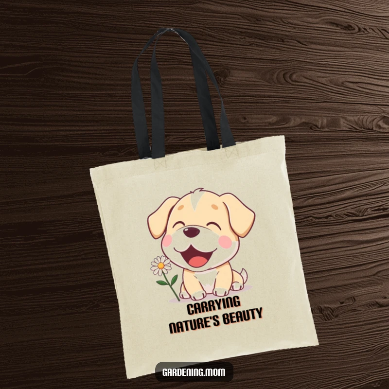 Funny mama dog tote bag with a delighted expression, admiring a blooming daisy, perfect for carrying treats and treasures.