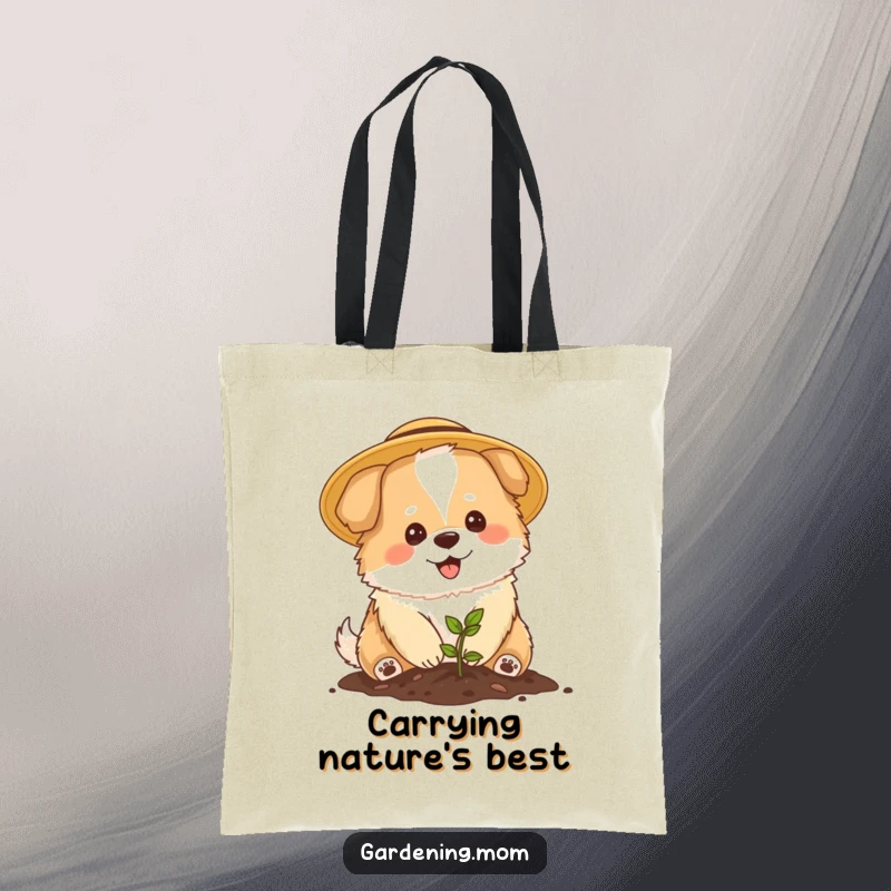 Funny Mama Dog Gardener Tote Bag: A fluffy mama dog with a sun hat plants a seedling, ideal for carrying garden tools.