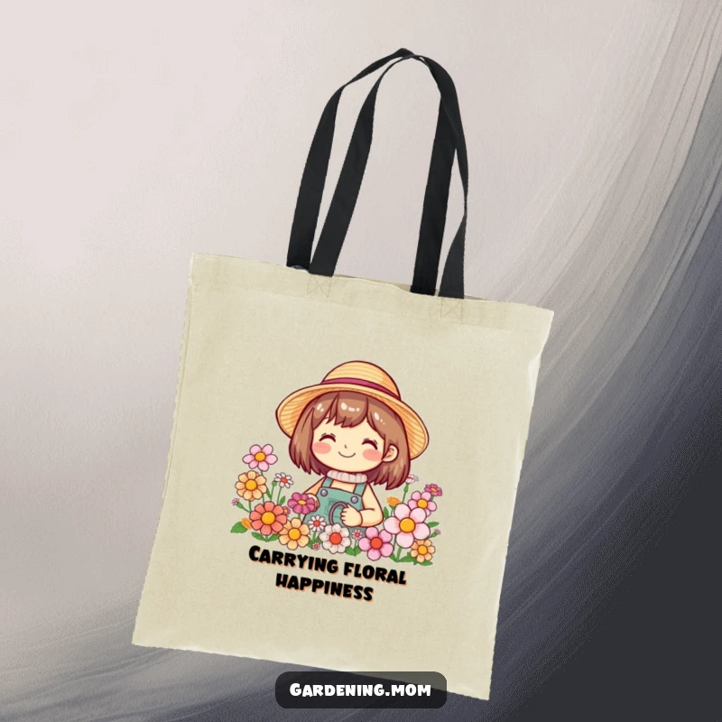Funny tote bag with a smiling gardening character in a straw hat amidst blooming flowers, perfect for shopping or carrying garden supplies.