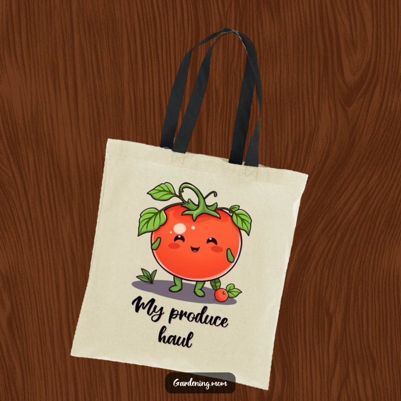 Funny tote bag depicting a happy gardening animal character offering a delicious plump tomato, perfect for farmers markets.