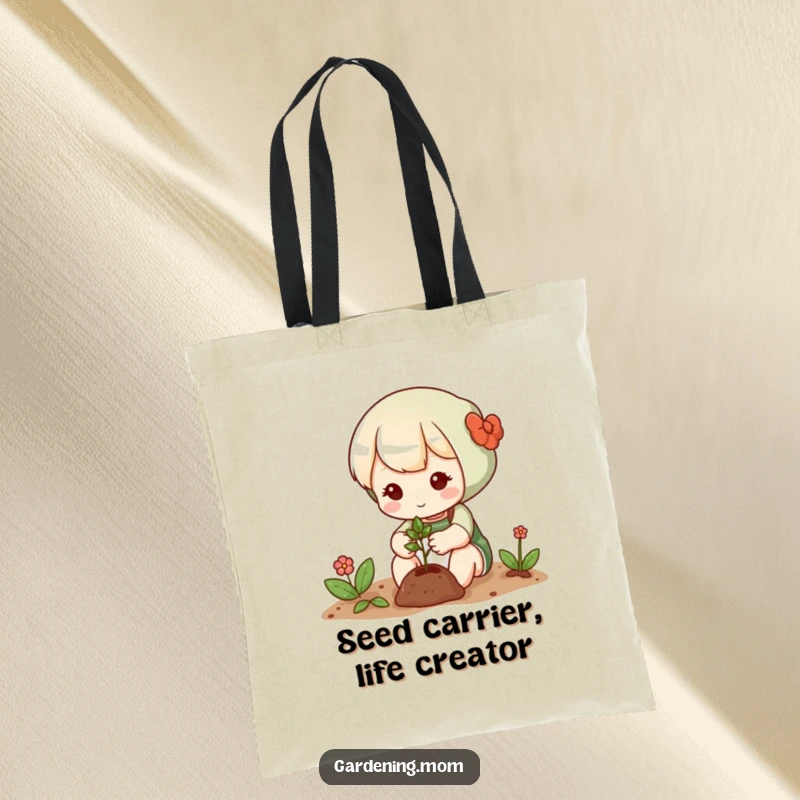 Funny tote bag featuring a cute gardening character gently planting a tiny seed, perfect for carrying groceries or gardening tools with style.