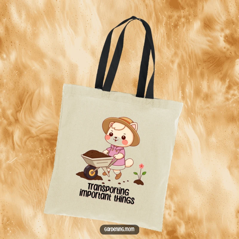 Funny gardening mom animal tote bag print: an animal mom pushing a small wheelbarrow filled with soil, a gardening essential.