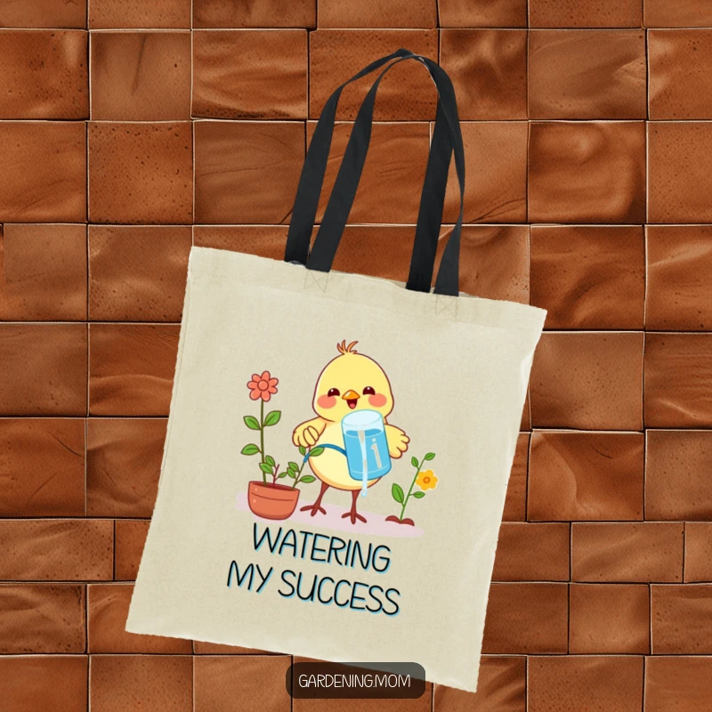Funny tote bag with a cheerful bird proudly watering plants using water from its beak, perfect for gardeners.